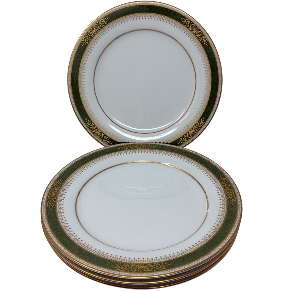 NORITAKE PERDITA 8-1/4"
SALAD PLATES Set of 4 Green & Gold Floral Design 70’s
